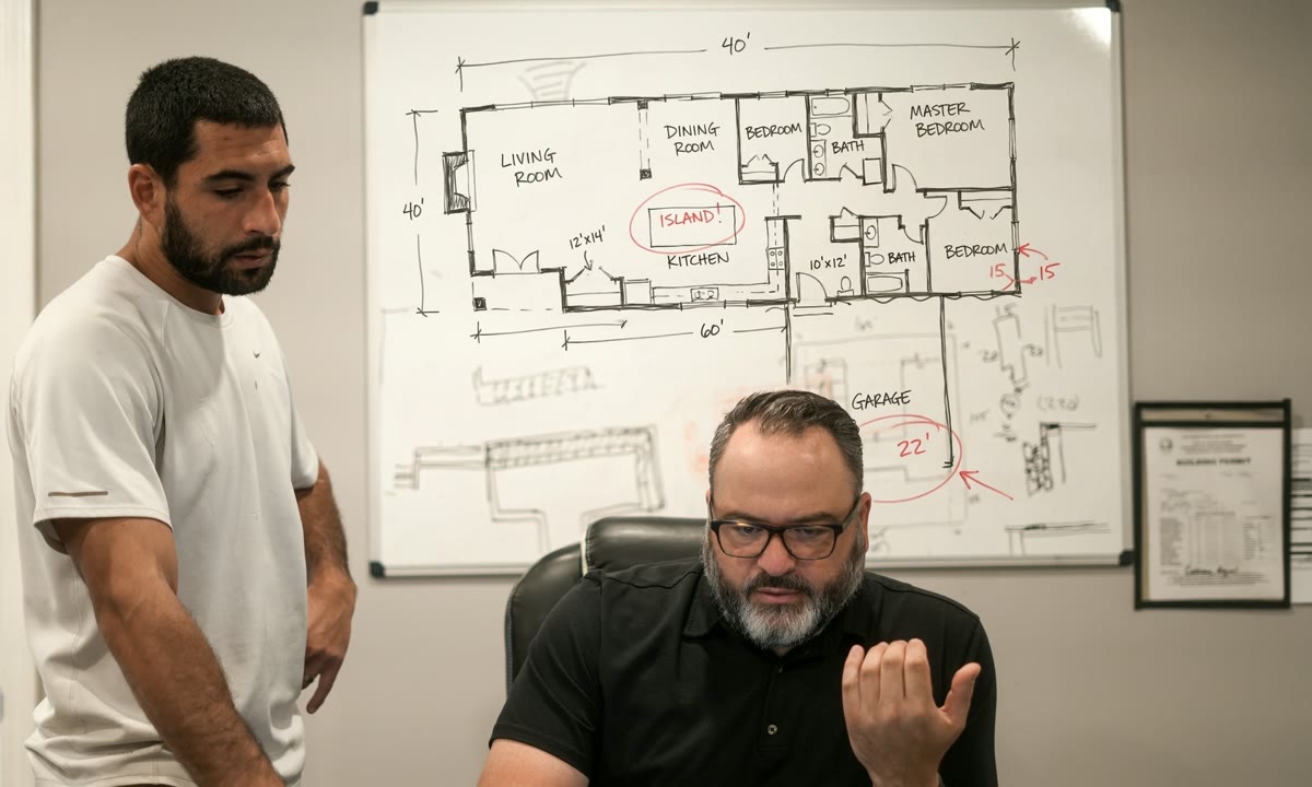 Yosi Benezra at his desk working through a project, with site plan sketches on the whiteboard behind him