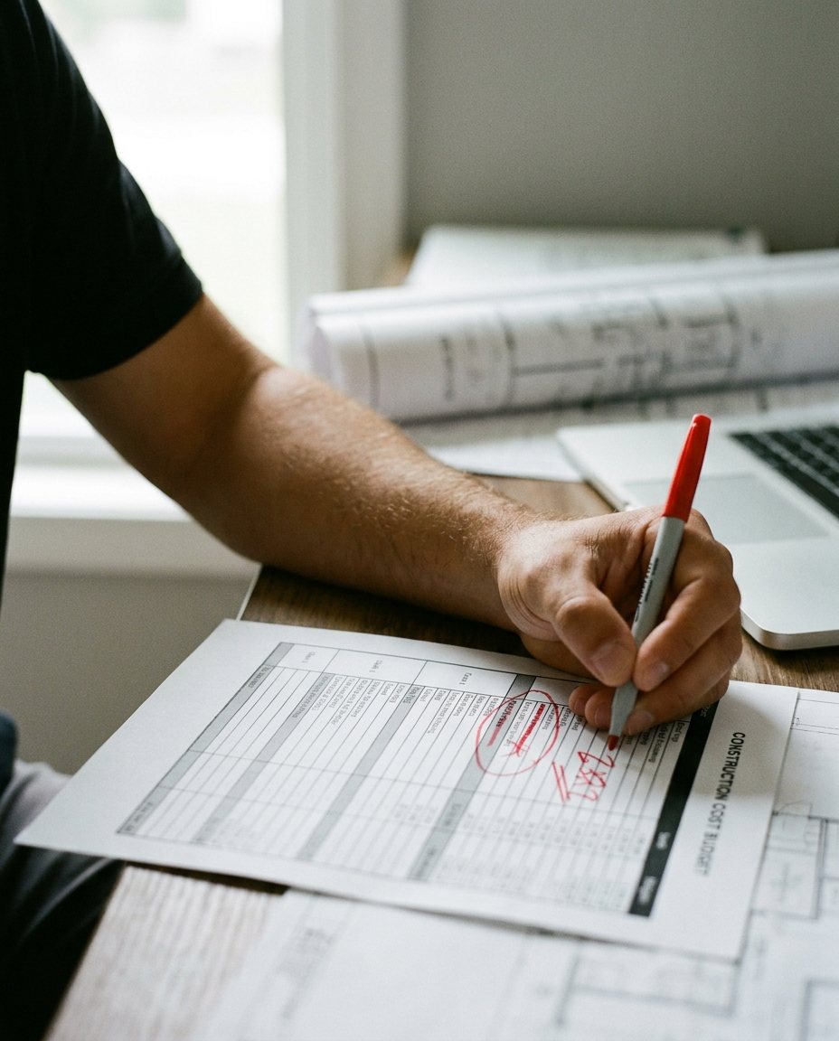 A hand marking up a printed construction budget with a red pen